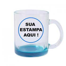 Caneca Personalizada Vidro Transparente 98x205mm  Sublimação Fundo Azul 